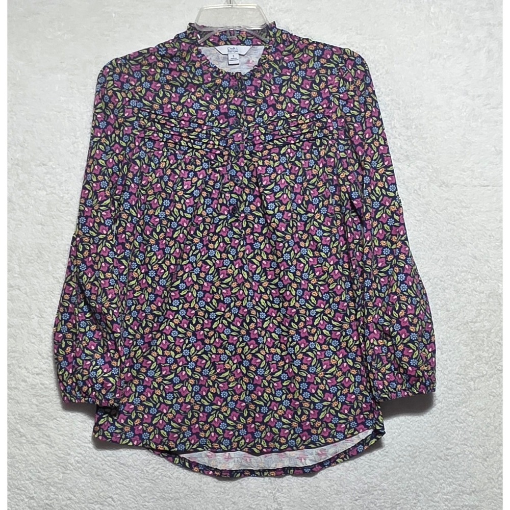 Croft & Barrow Women's Small Navy Floral Cotton Pintuck Ruffle Neck Blouse Top